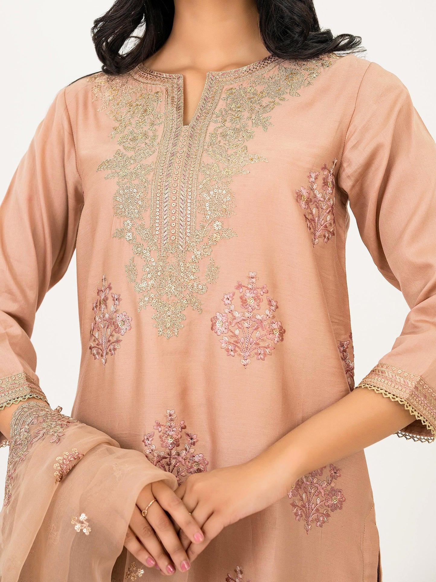 3 Piece Satin Suit-Embroidered (Pret)