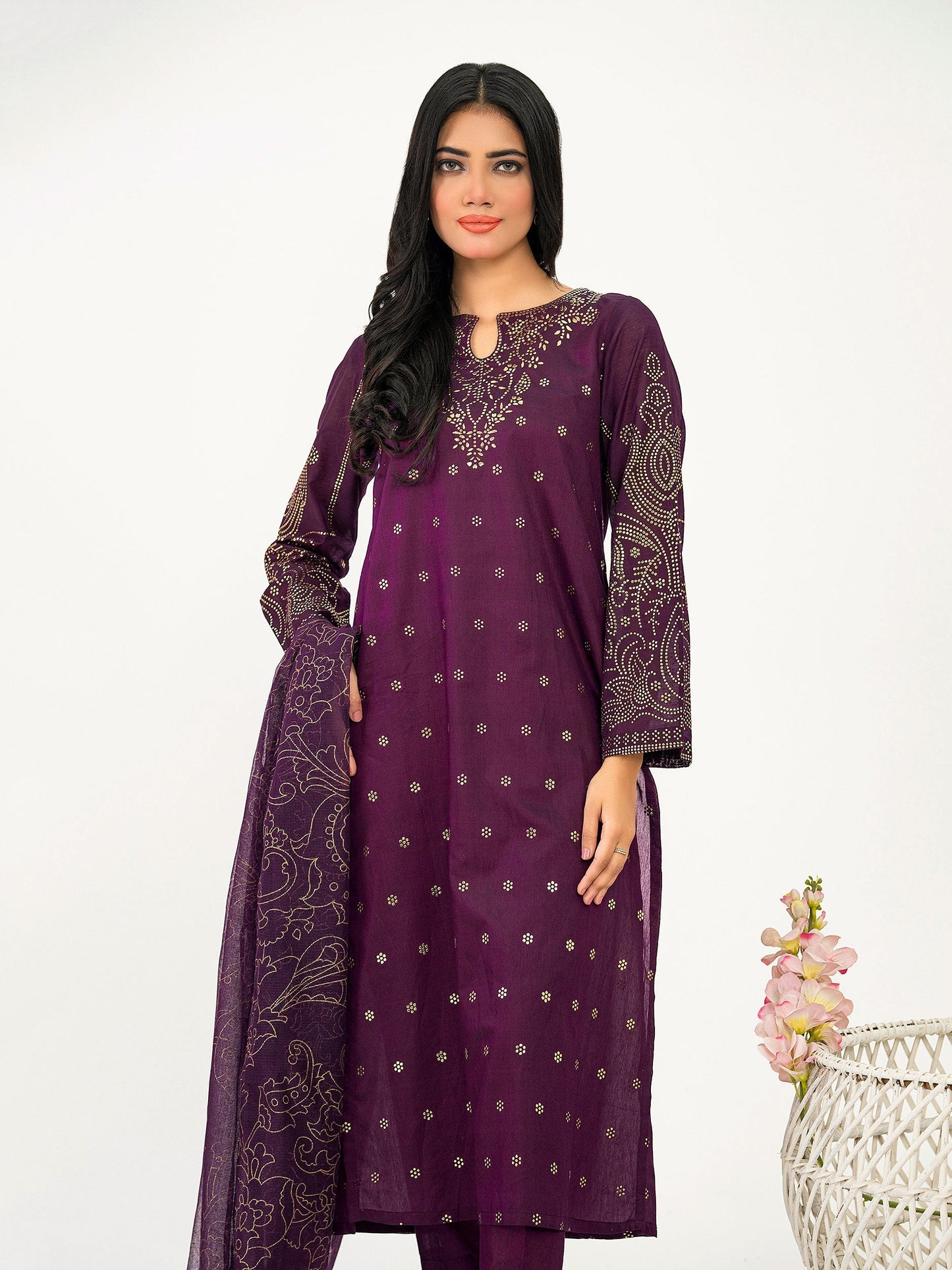 3 Piece Raw Silk Suit-Embellished (Pret)