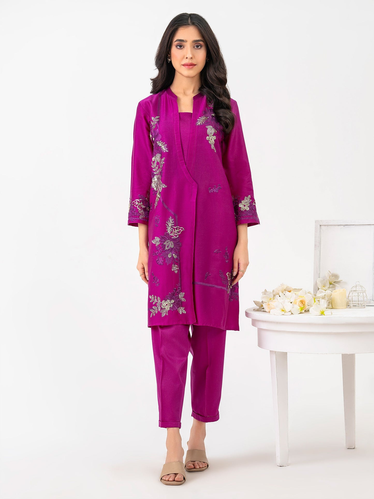 2 Piece Satin Suit-Embroidered (Pret)