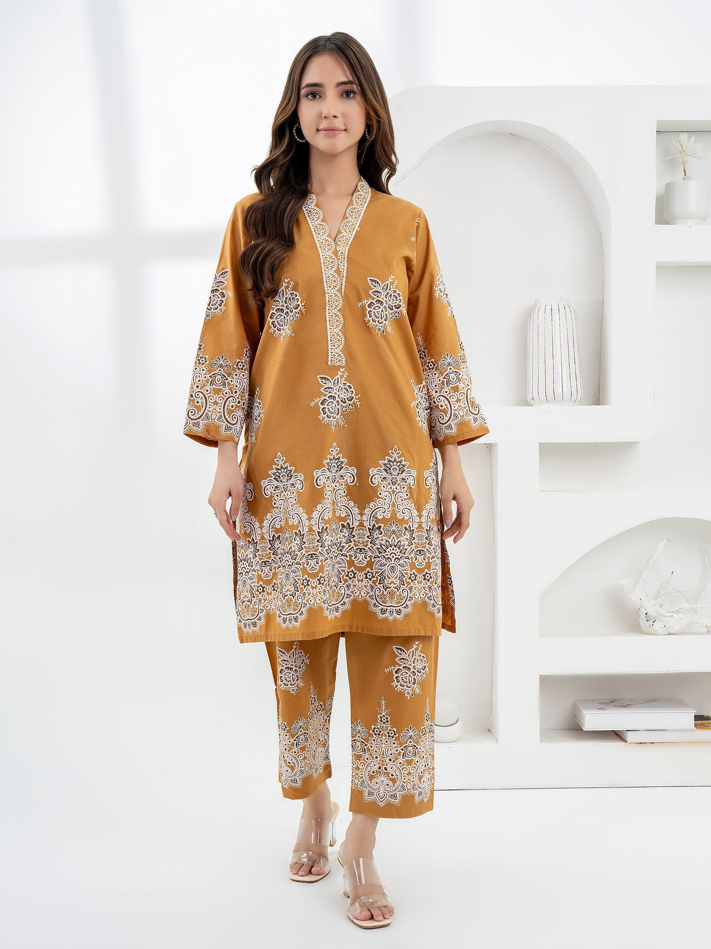 2 Piece Cambric Suit-Paste Print (Pret)