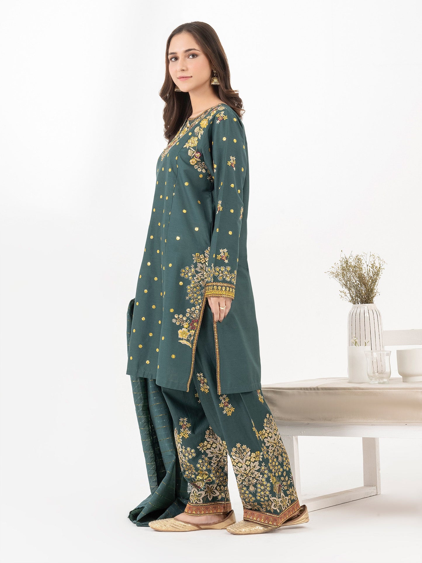 3 Piece Satin Suit-Embroidered (Pret)