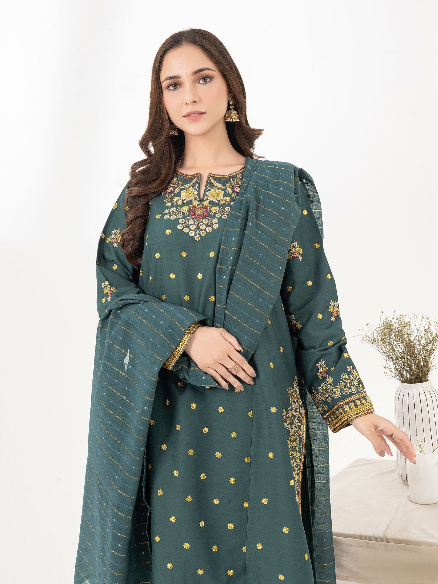 3 Piece Satin Suit-Embroidered (Pret)