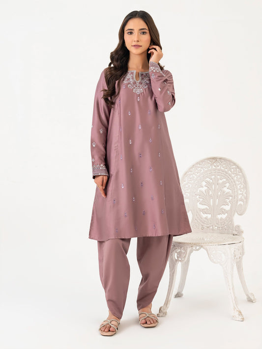 2 Piece Satin Suit-Embroidered (Pret)