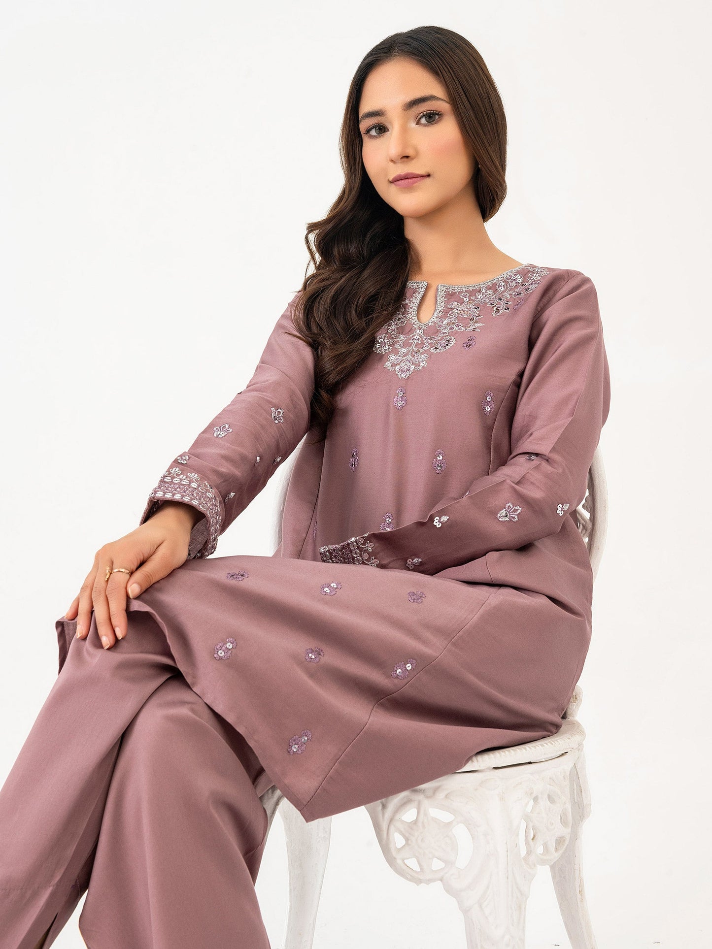 2 Piece Satin Suit-Embroidered (Pret)