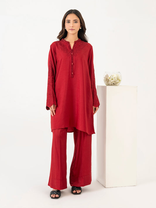 2 Piece Raw Silk Suit-Embroidered (Pret)