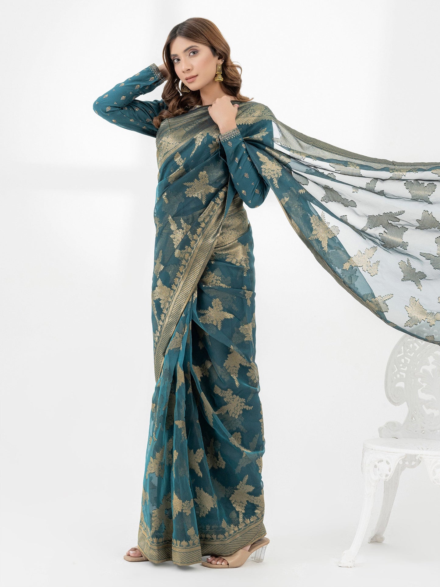 3 Piece Cambric Saree-Embroidered (Pret)