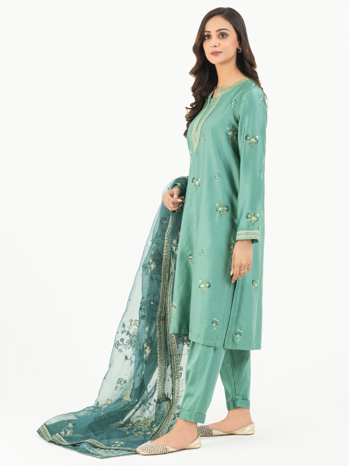 3 Piece Satin Suit-Embellished (Pret)