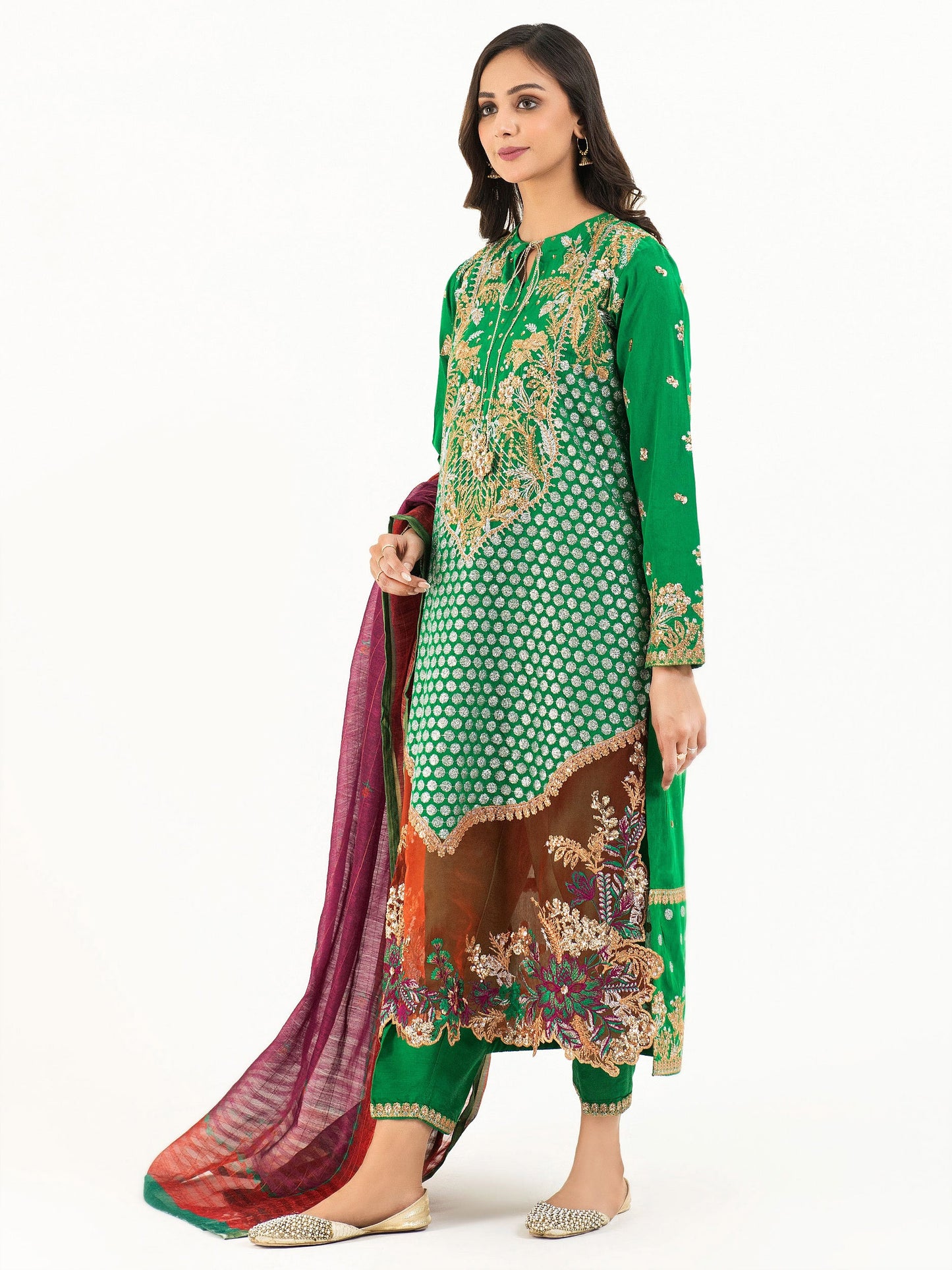 3 Piece Raw Silk Suit-Embellished (Pret)