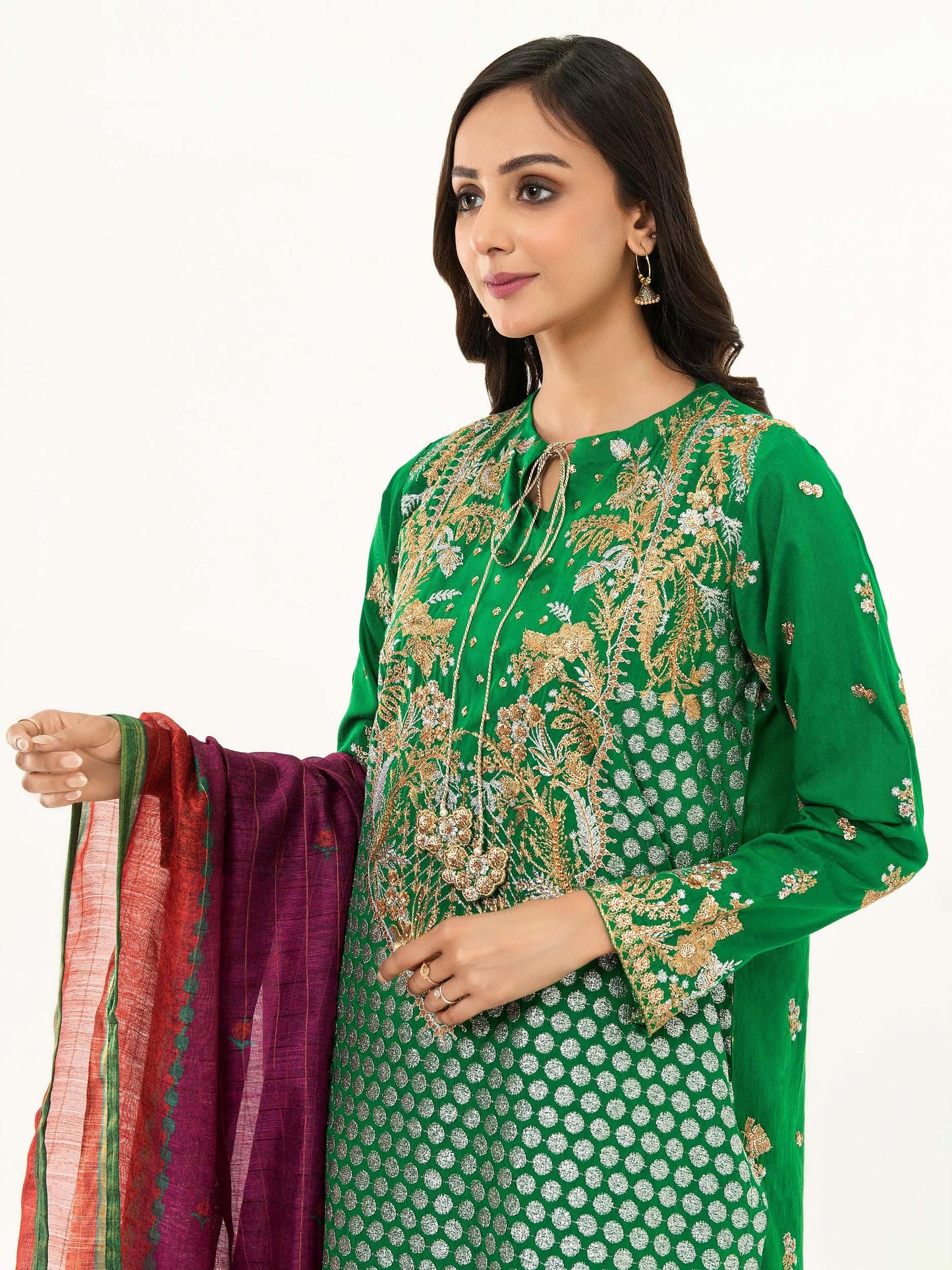 3 Piece Raw Silk Suit-Embellished (Pret)