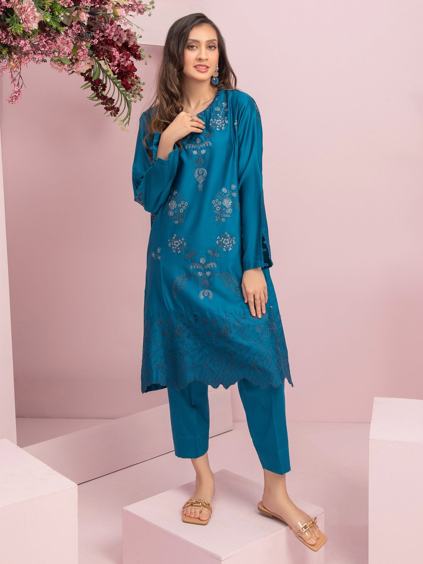 2 Piece Satin Suit-Embroidered (Pret)