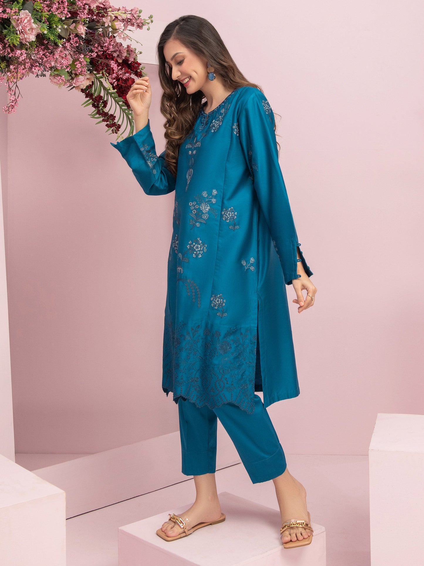 2 Piece Satin Suit-Embroidered (Pret)