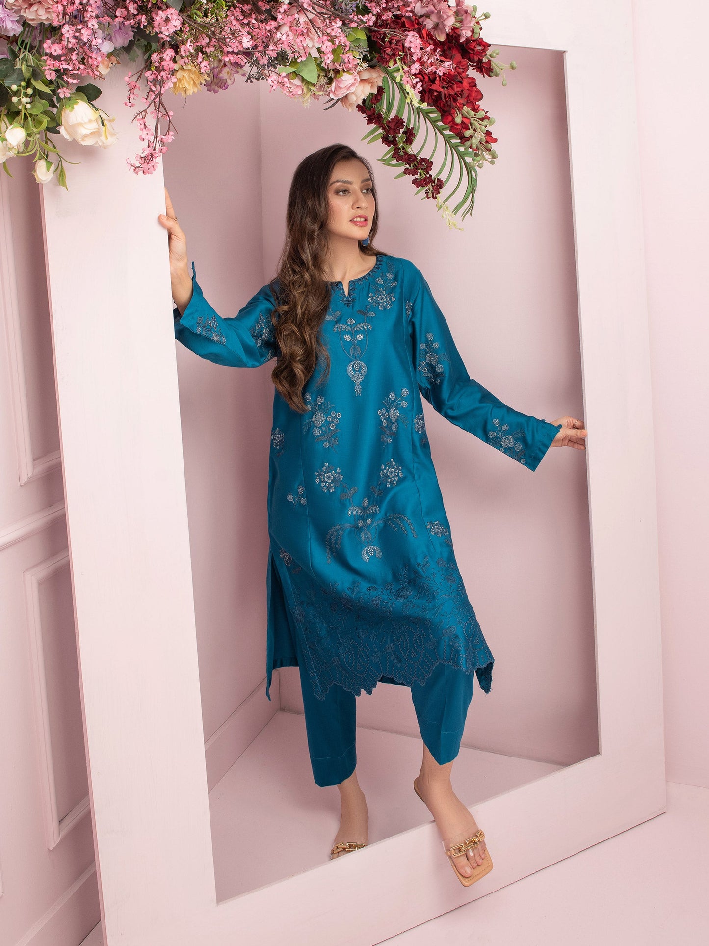 2 Piece Satin Suit-Embroidered (Pret)