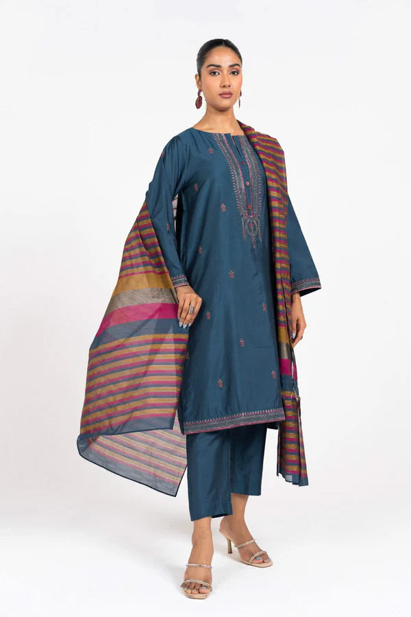 Stitched - 3 Pc Embroidered Cotton Silk Outfit