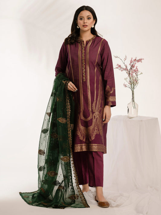 3 Piece Jacquard Suit-Embellished (Pret)