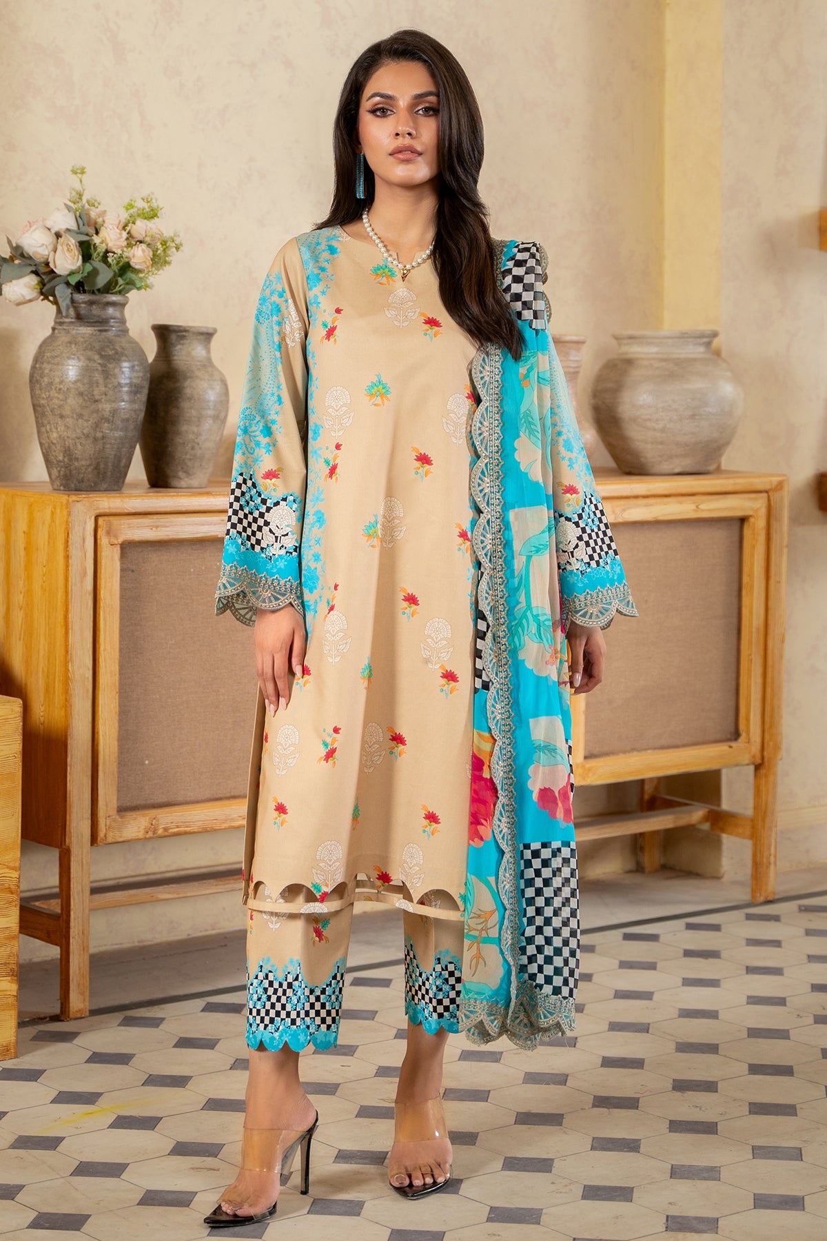 3-PC Unstitched Printed Lawn Shirt with Embroidered Chiffon Dupatta and Trouser AS4-43