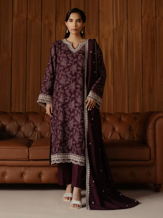 Unstitched Dark Plum Embroidered Raw Silk 3 Piece - EWU24V14-30258-3P