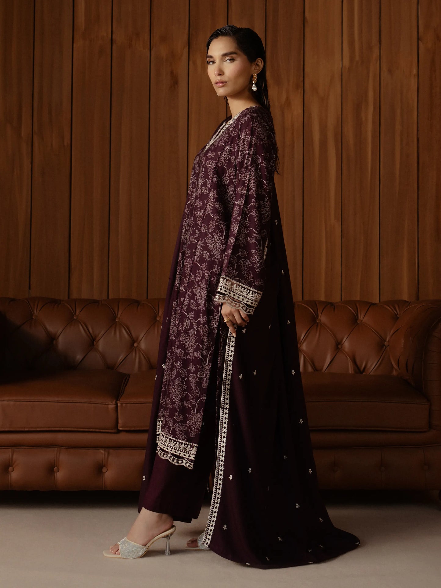 Unstitched Dark Plum Embroidered Raw Silk 3 Piece - EWU24V14-30258-3P