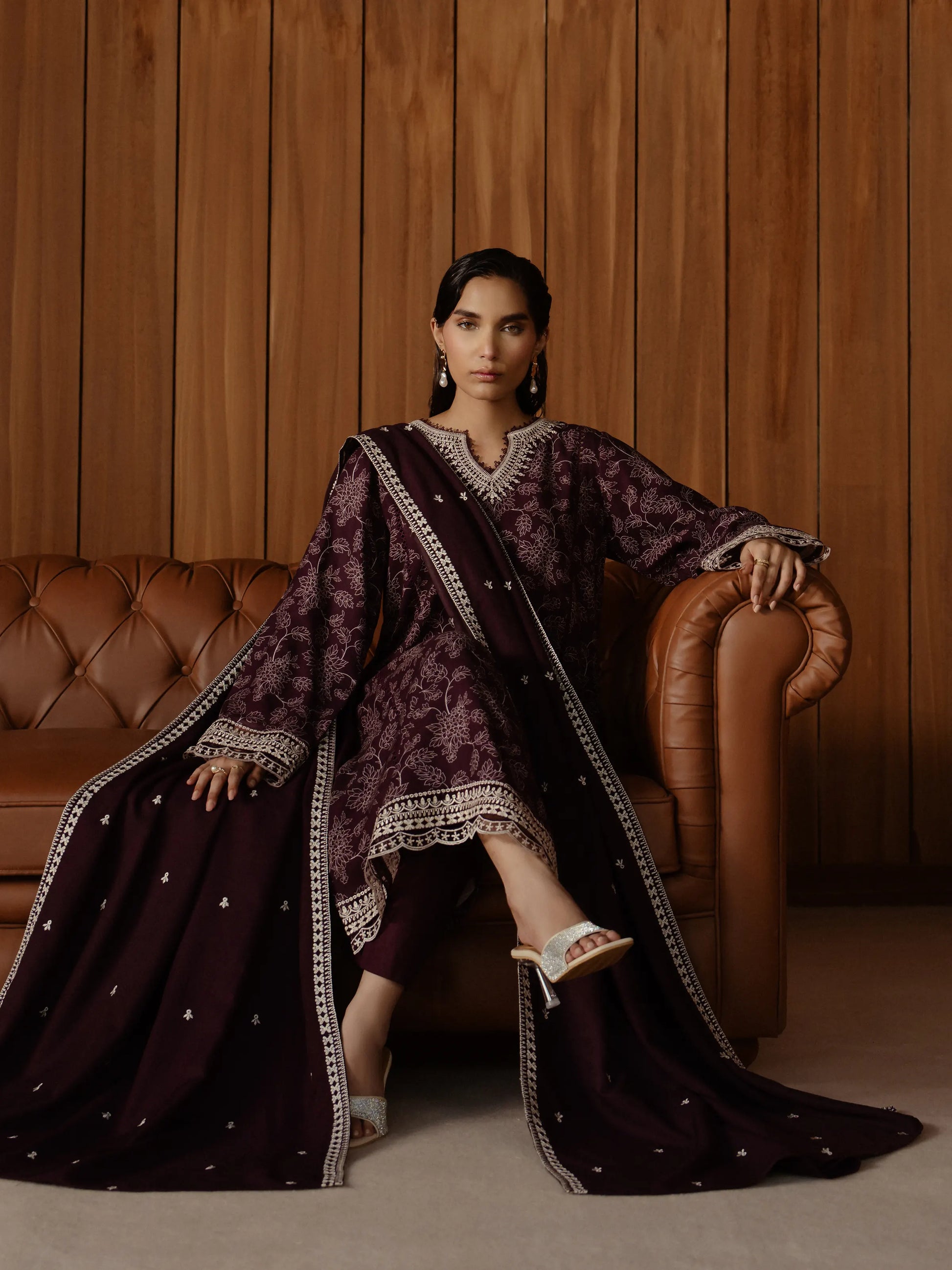 Unstitched Dark Plum Embroidered Raw Silk 3 Piece - EWU24V14-30258-3P