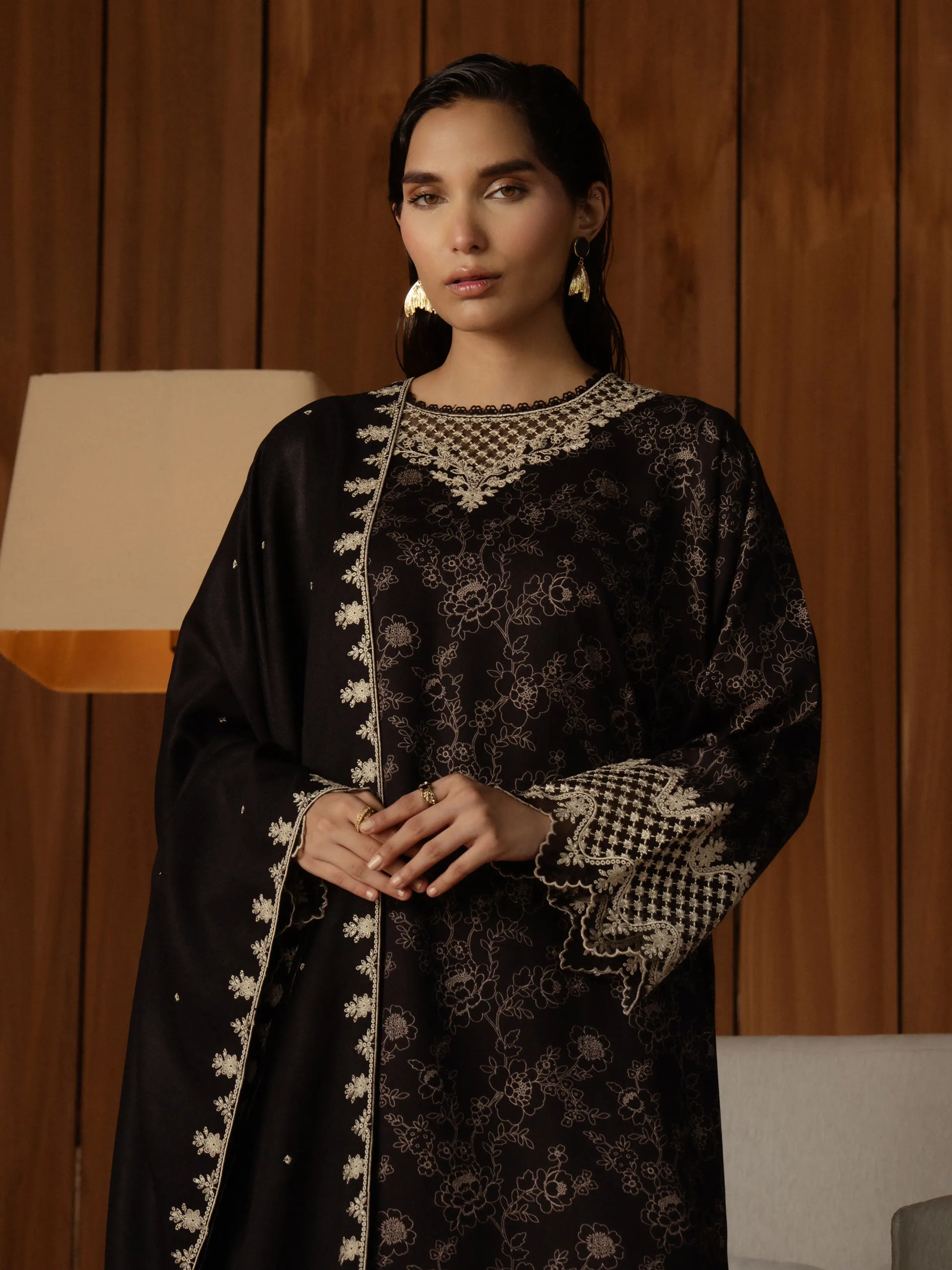 Unstitched Black Embroidered Marina Twill 3 Piece - EWU24V14-30179-3P