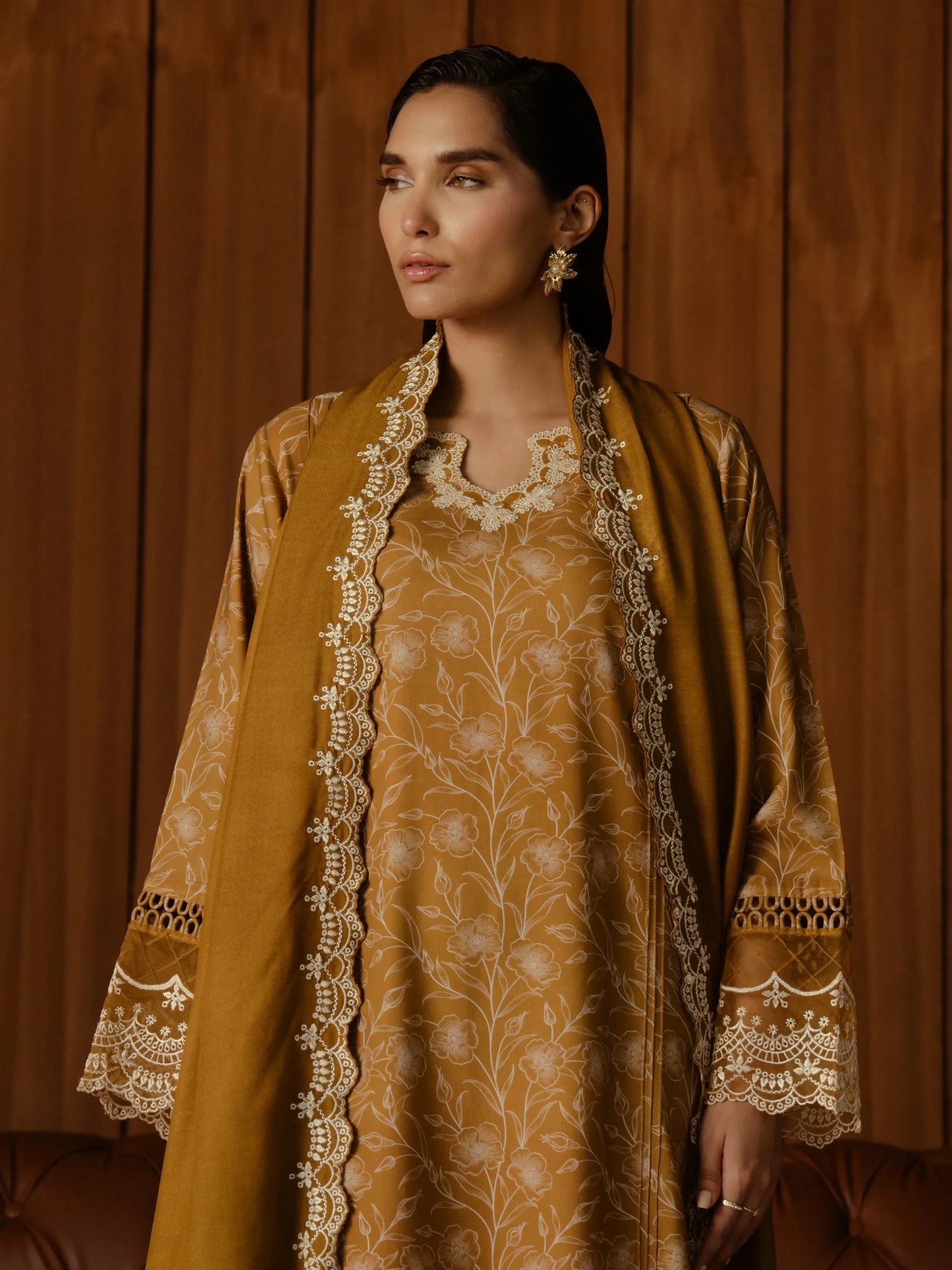 Unstitched Golden Embroidered Marina Twill 3 Piece - EWU24V14-30178-3P