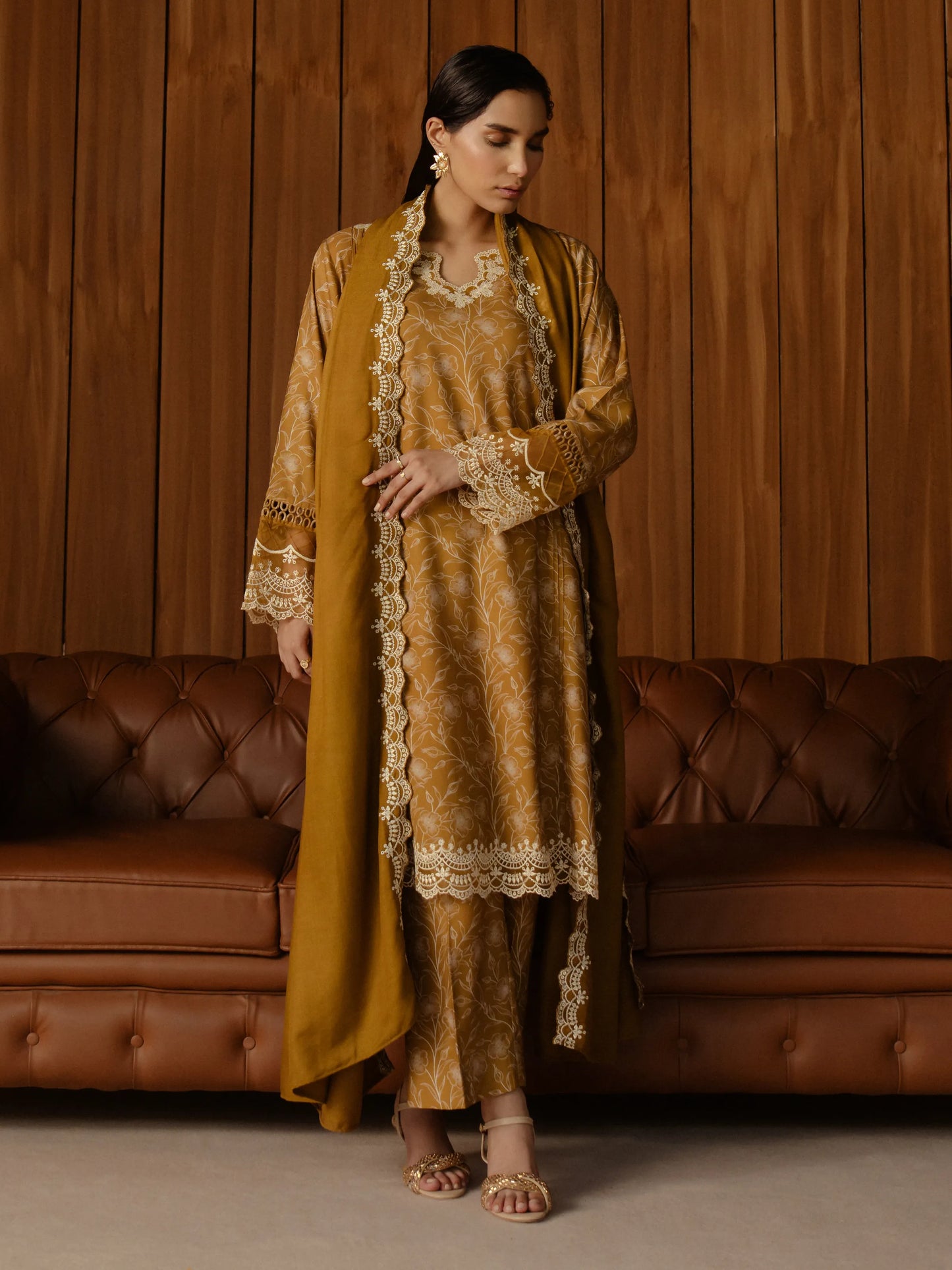 Unstitched Golden Embroidered Marina Twill 3 Piece - EWU24V14-30178-3P