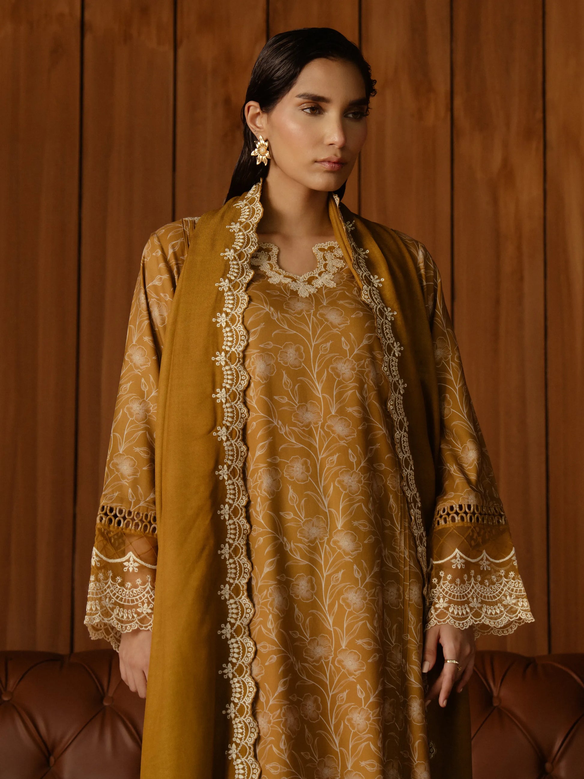 Unstitched Golden Embroidered Marina Twill 3 Piece - EWU24V14-30178-3P