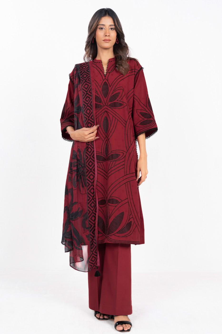 3 Piece  Embroidered Dyed Dobby Suit With Printed Chiffon Dupatta