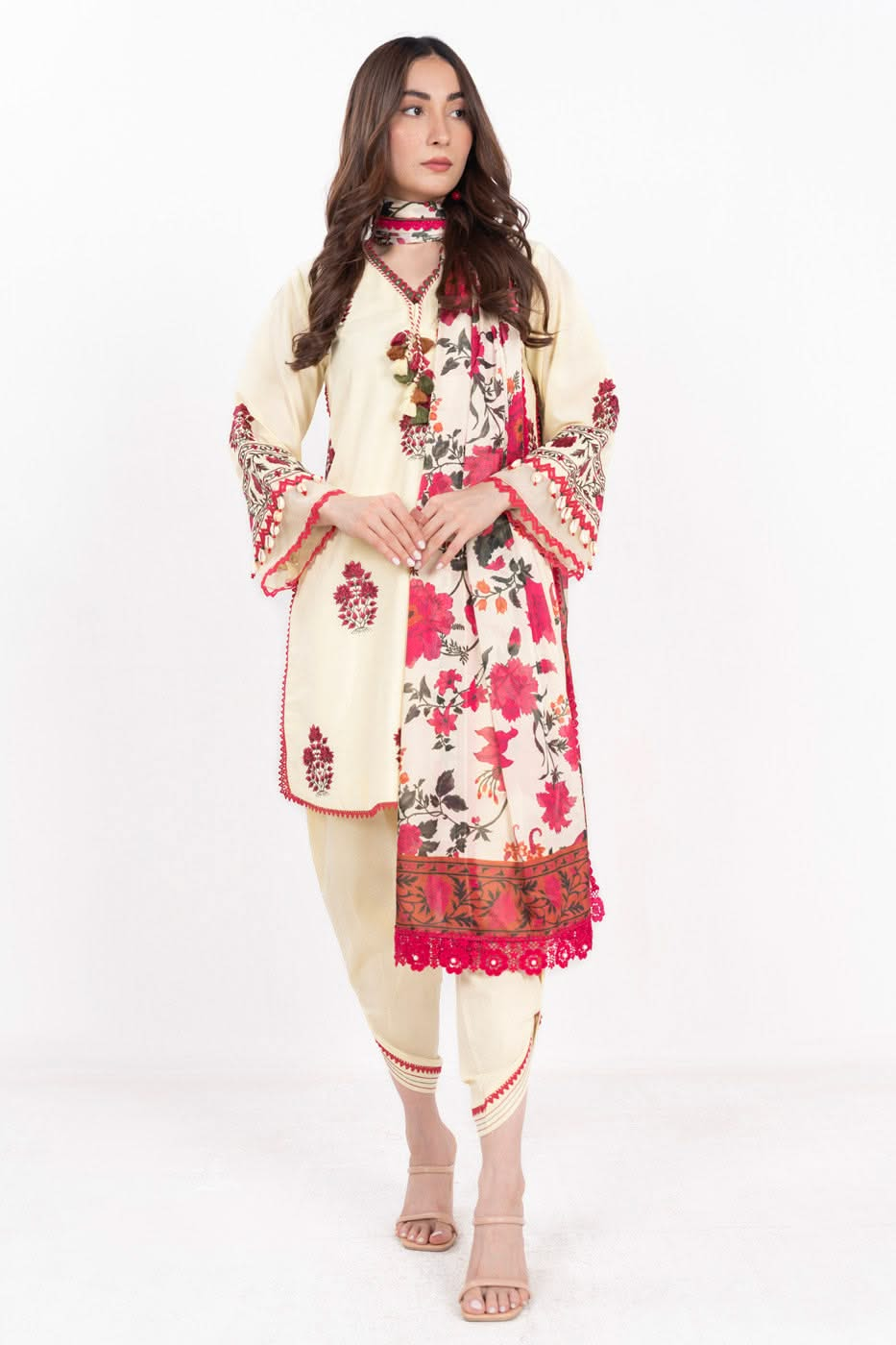 3 Piece  Embroidered Dyed Lawn Suit With Printed Silk Dupatta