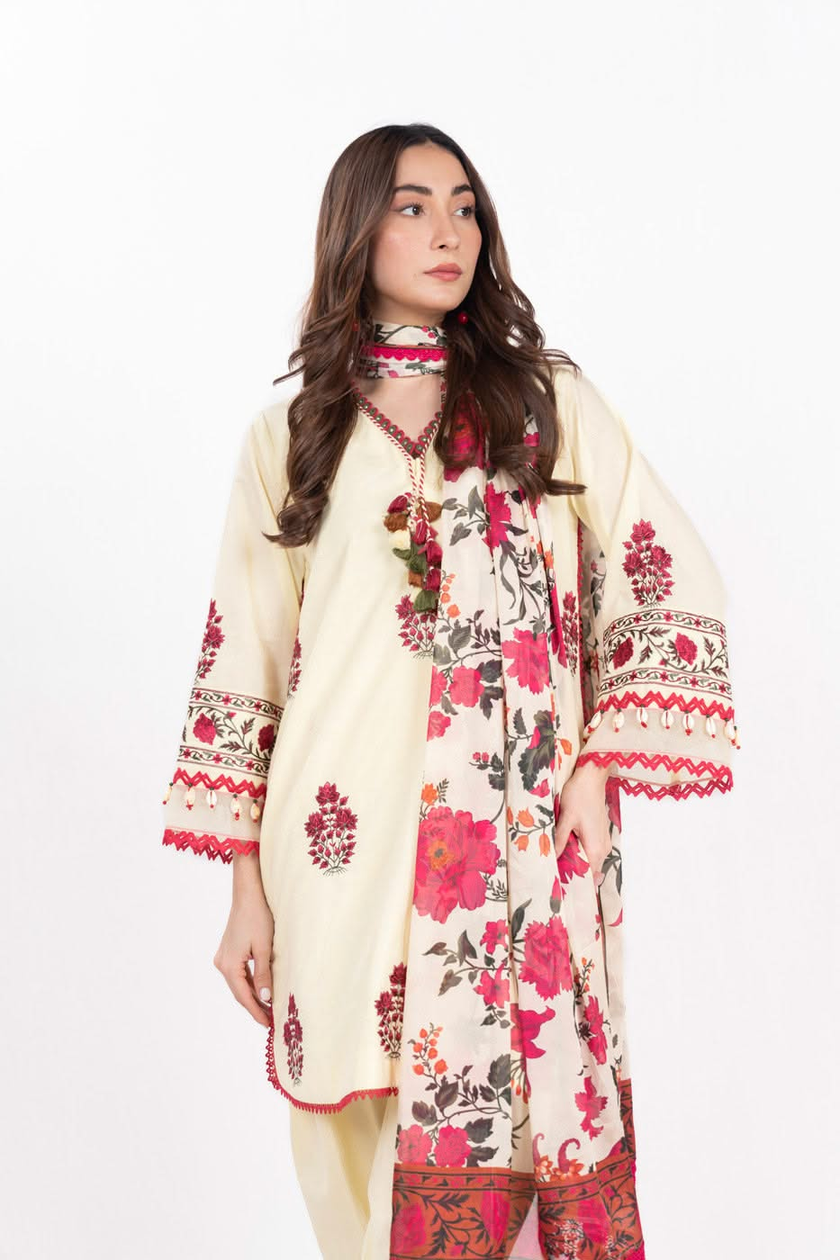 3 Piece  Embroidered Dyed Lawn Suit With Printed Silk Dupatta