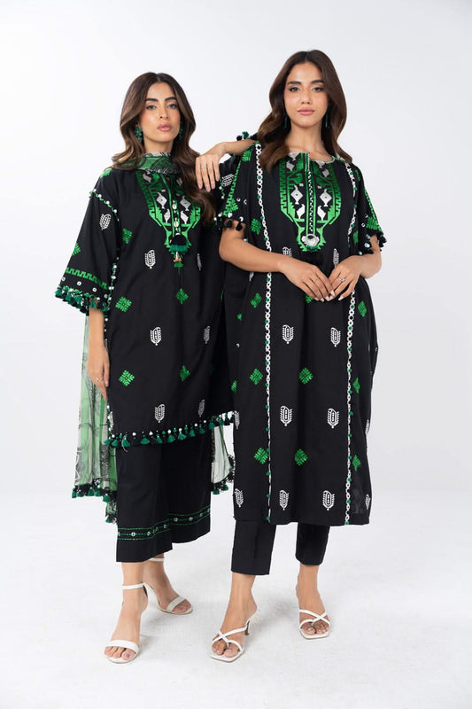 3 Piece  Embroidered Dyed Dobby Suit With Printed Chiffon Dupatta