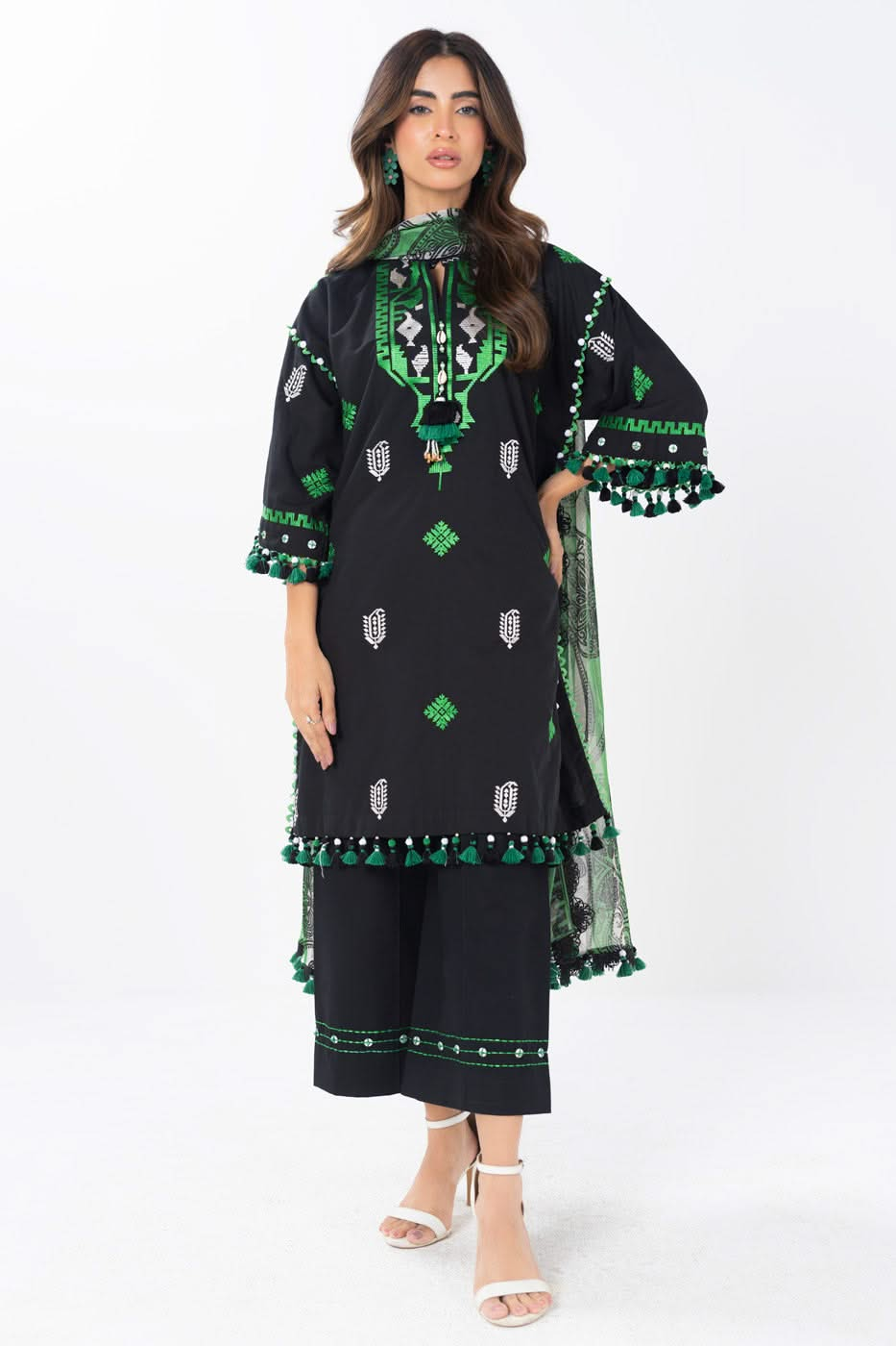 3 Piece  Embroidered Dyed Dobby Suit With Printed Chiffon Dupatta