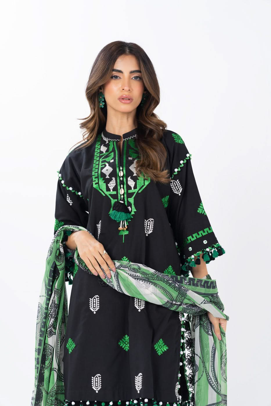 3 Piece  Embroidered Dyed Dobby Suit With Printed Chiffon Dupatta