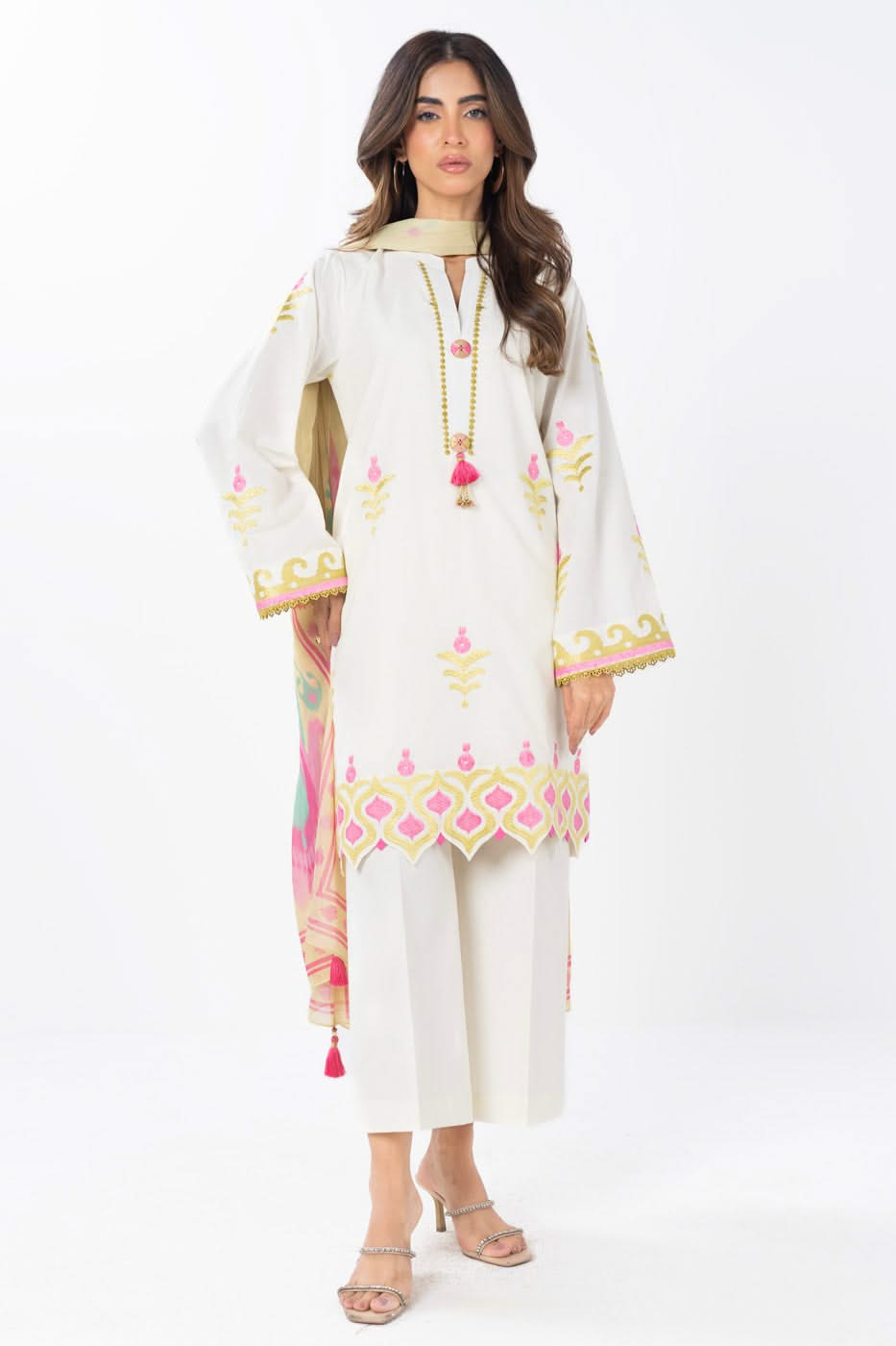 3 Piece  Embroidered Dyed Dobby Suit With Printed Silk Dupatta