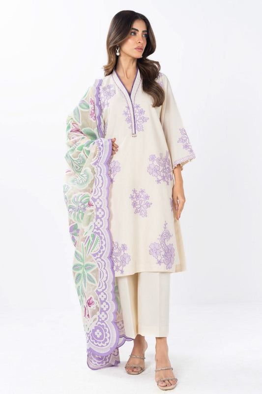 3 Piece  Embroidered Dyed Lawn Suit With Printed Burnout Dupatta