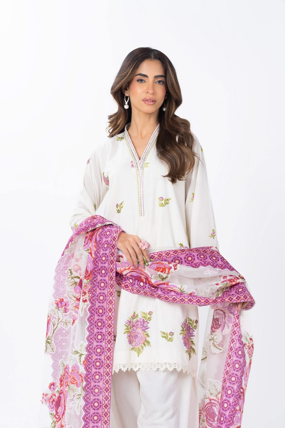 3 Piece  Embroidered Dyed Lawn Suit With Printed Burnout Dupatta