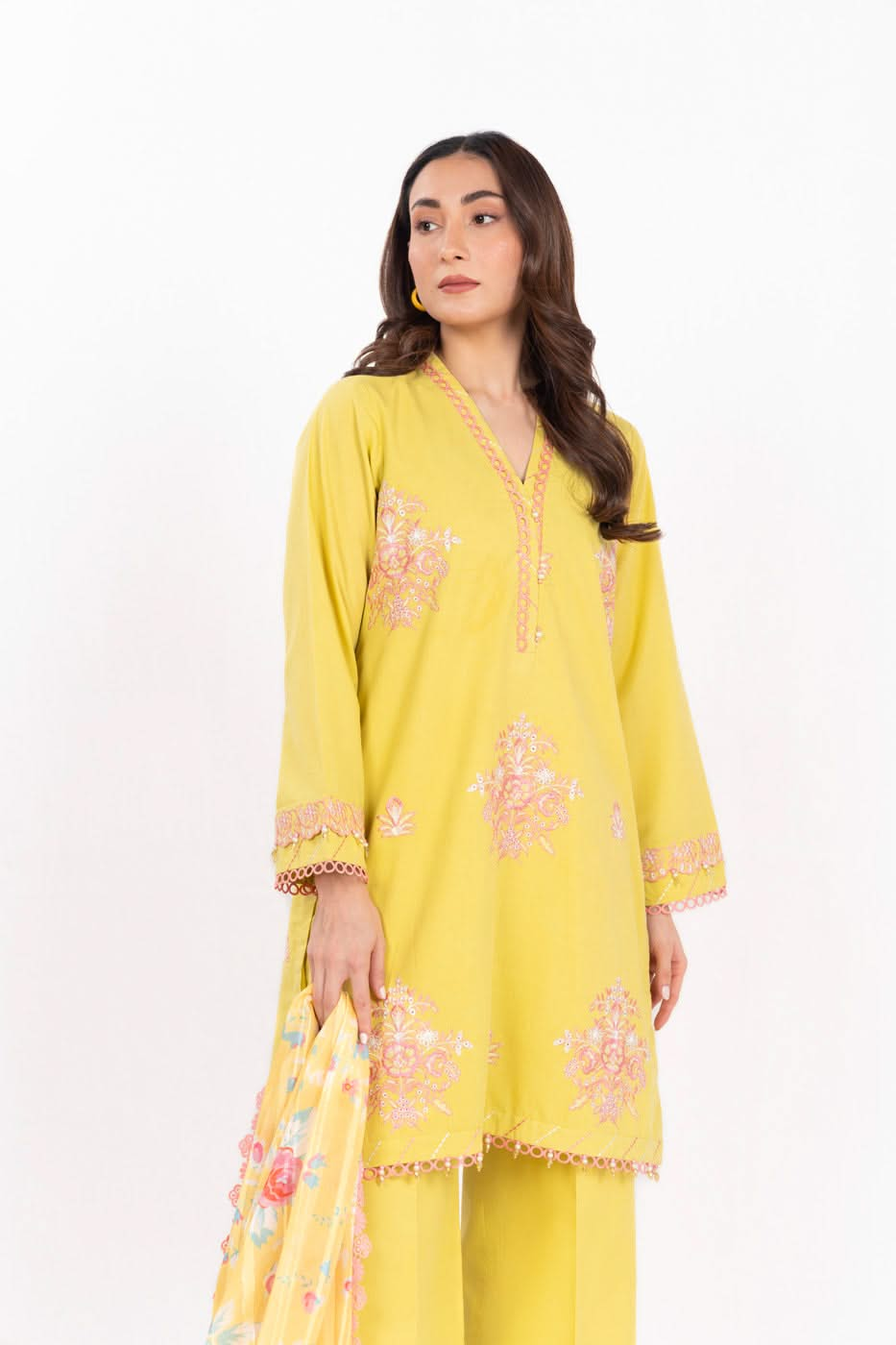 3 Piece  Embroidered Dyed Dobby Suit With Printed Zari Chiffon Dupatta