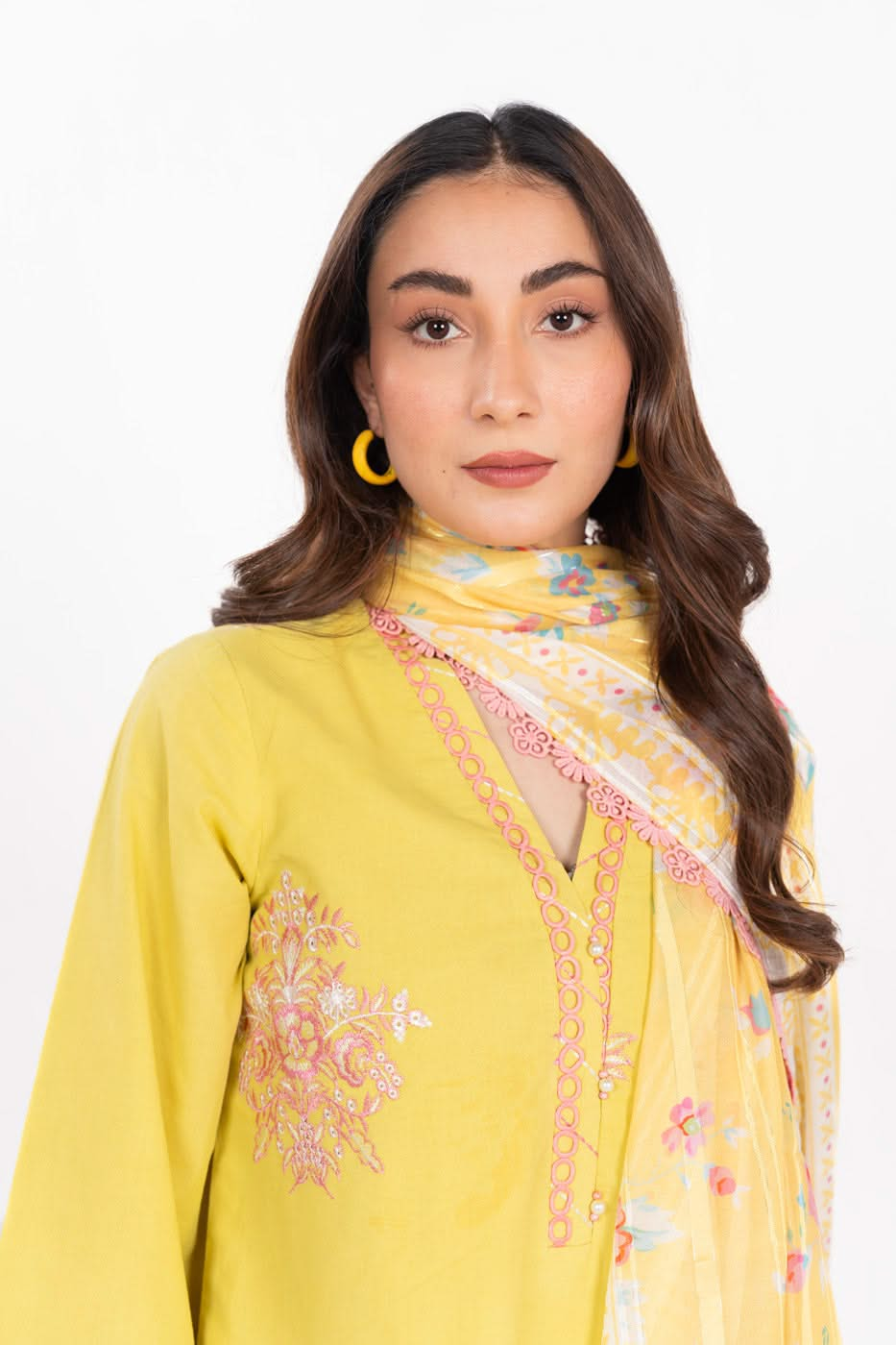 3 Piece  Embroidered Dyed Dobby Suit With Printed Zari Chiffon Dupatta