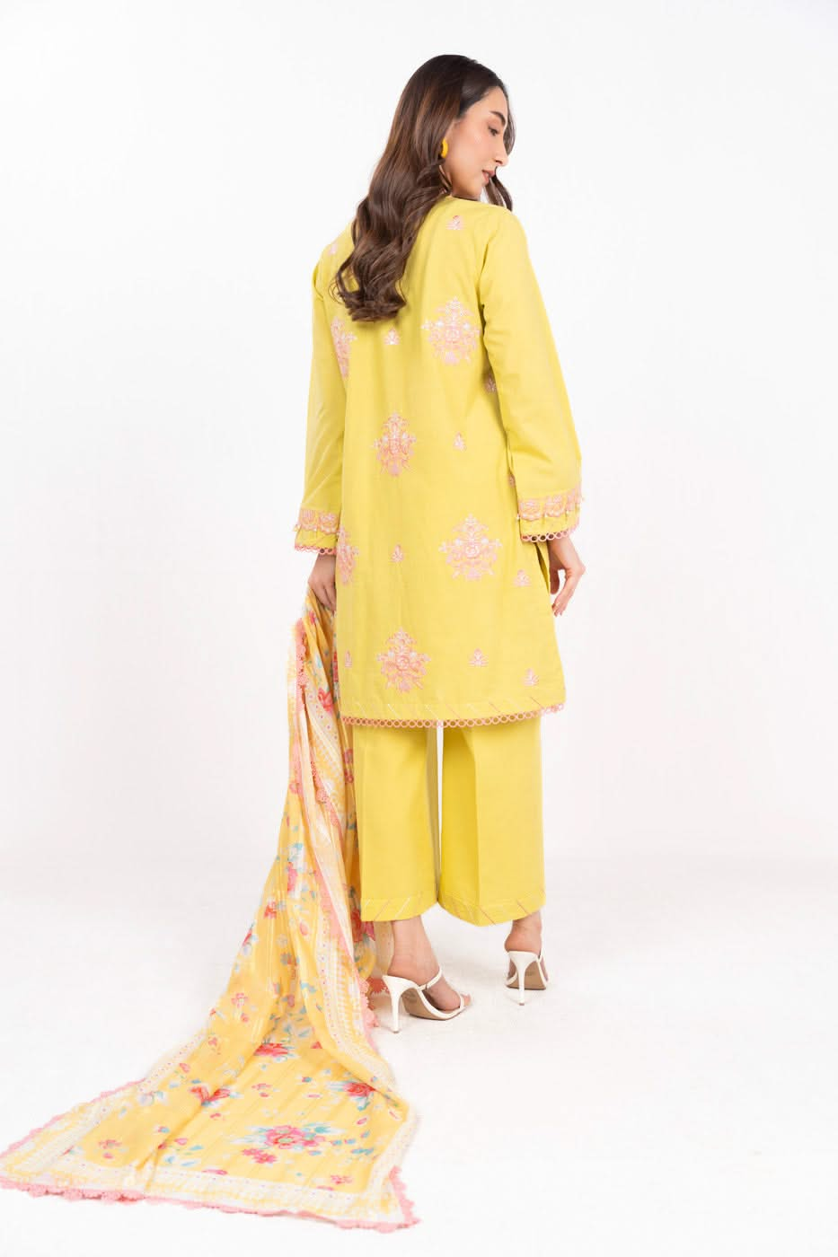 3 Piece  Embroidered Dyed Dobby Suit With Printed Zari Chiffon Dupatta