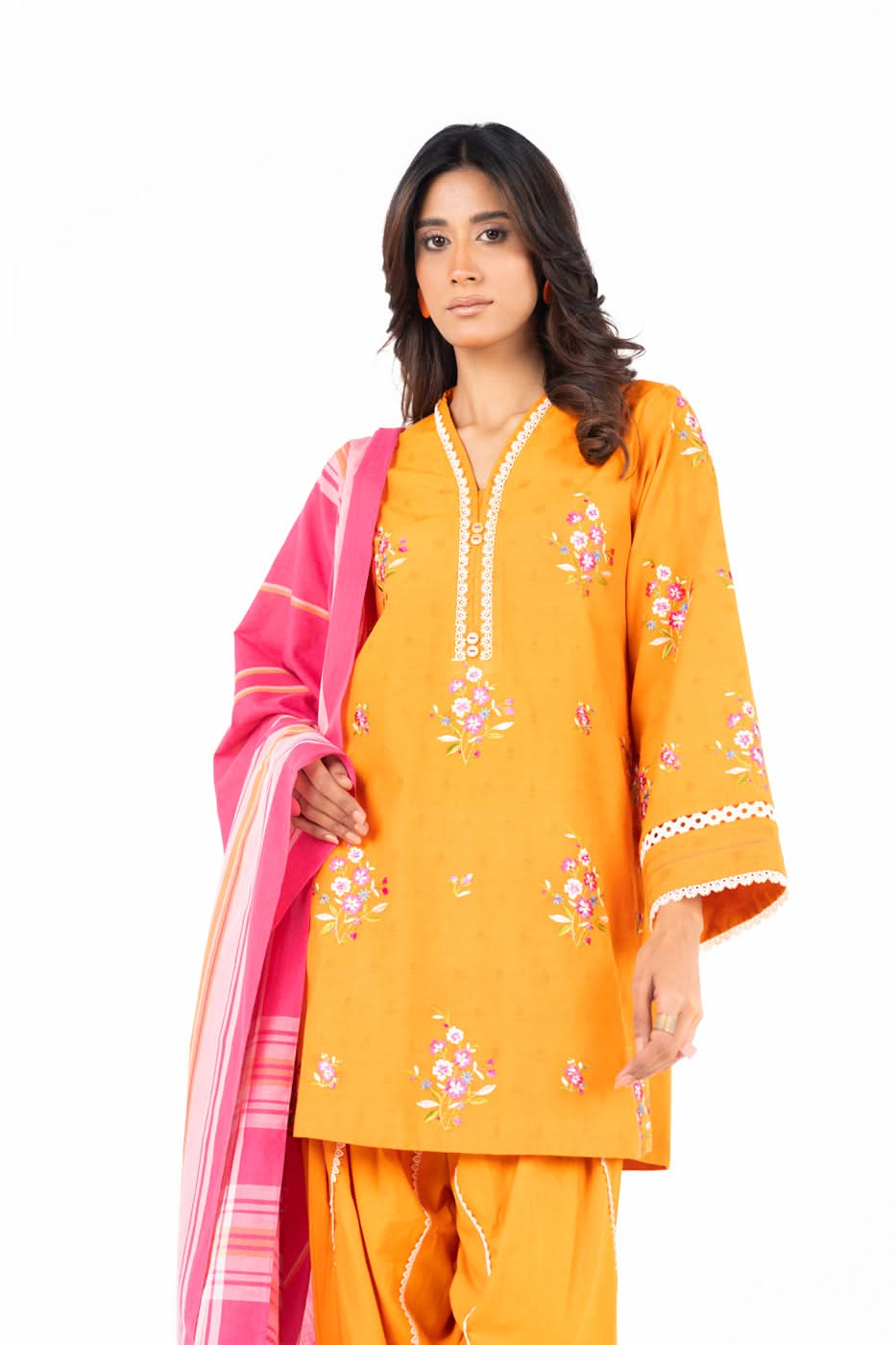 3 Piece  Embroidered Dyed Dobby Suit With Dyed Yarn Dupatta