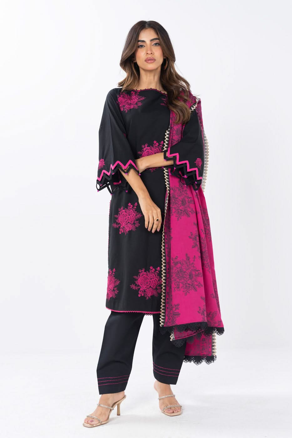 3 Piece  Embroidered Dyed Lawn Suit With Printed Lawn Dupatta