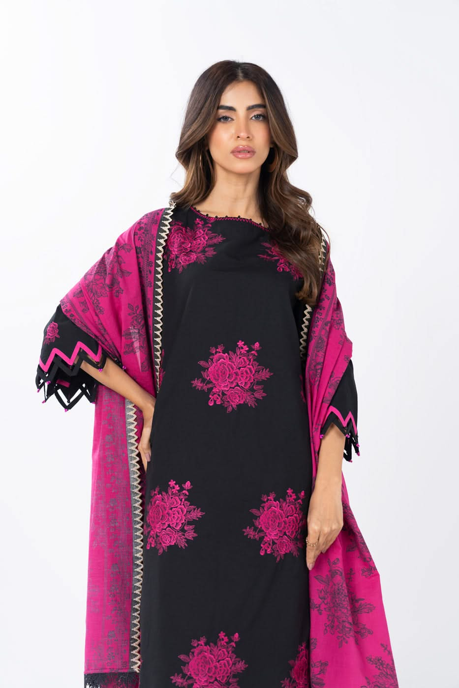 3 Piece  Embroidered Dyed Lawn Suit With Printed Lawn Dupatta