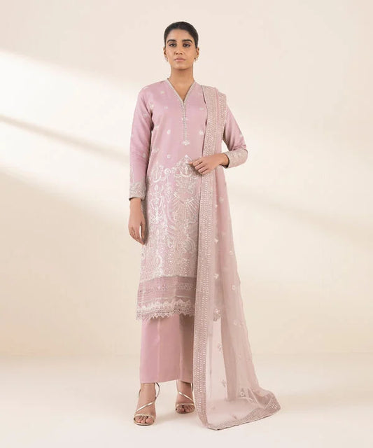 3 Piece - Embroidered Cotton Satin Suit