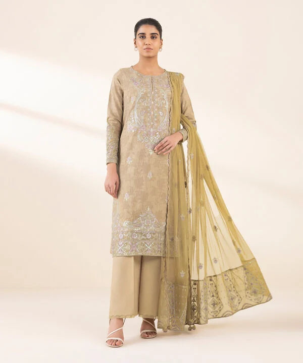 3 Piece - Embroidered Cotton Jacquard Suit