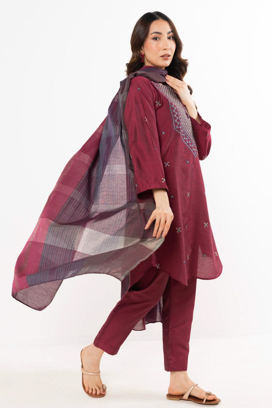 Stitched - 2 Pc Embroidered Cotton Silk Outfit