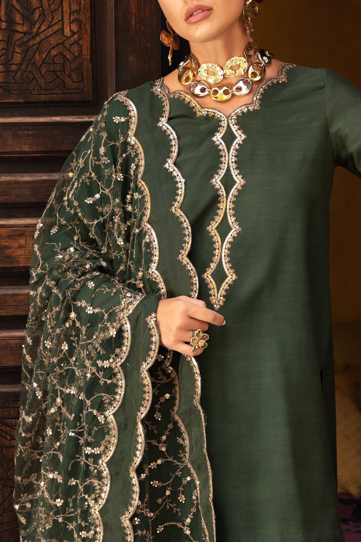 3-PC Embroidered Raw-Silk Suit CMA-5-139 GREEN