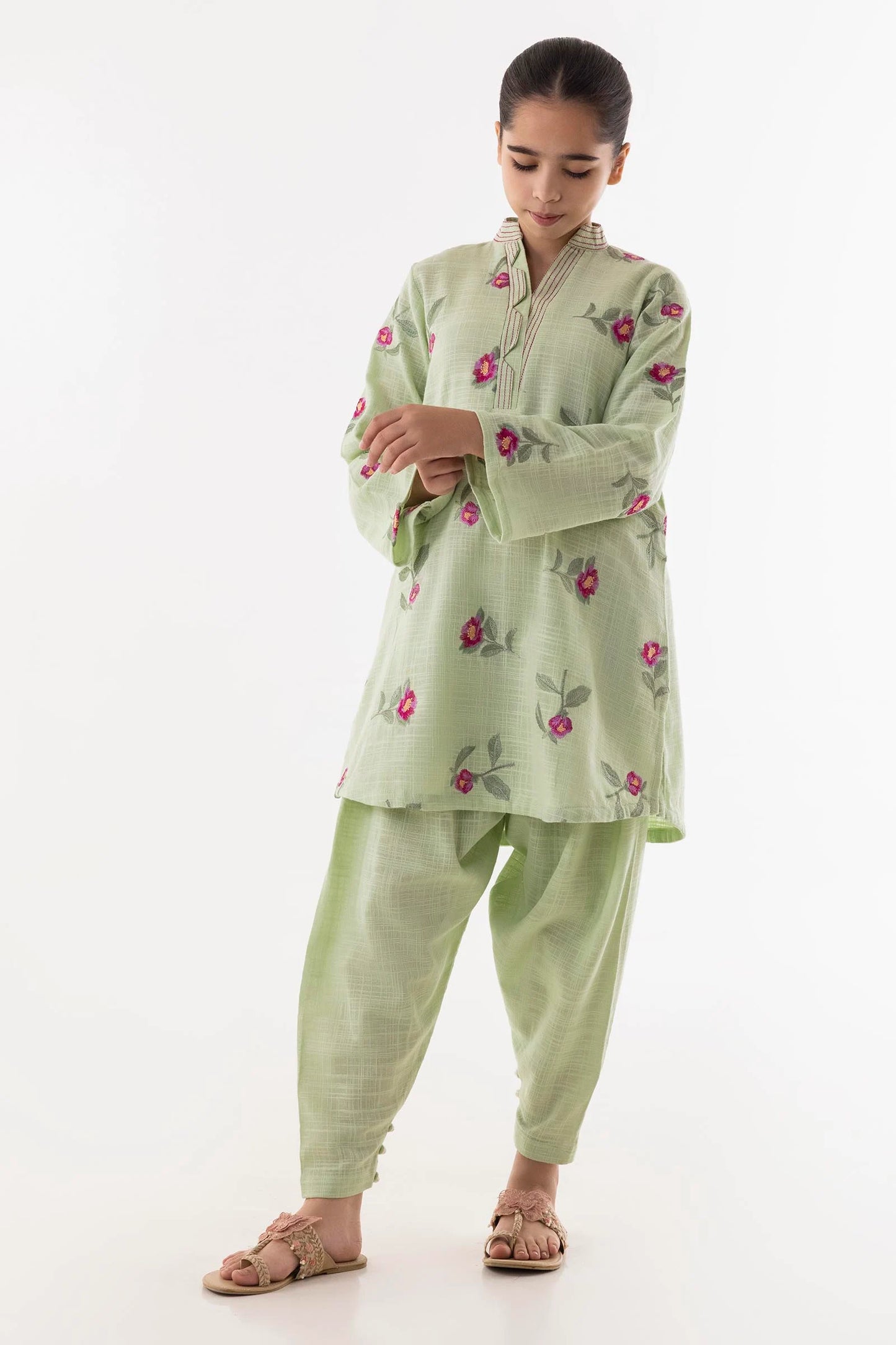 Stitched Kids Green Slub Shirt + Shalwar