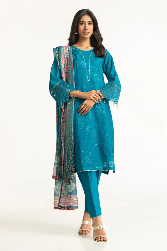 3 Piece Paper Cotton Embroidered Suit IUSTKSD-144