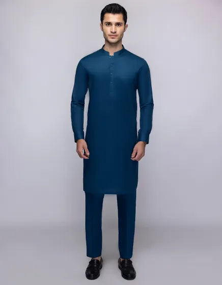 PRUSSIAN BLUE COTTON UNSTITCHED KAMEEZ SHALWAR FABRIC | JJMS-3123