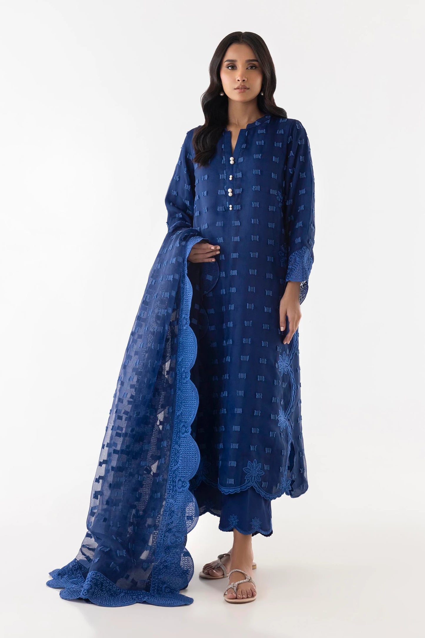 Stitched Blue Embroidered Shirt + Culotte + Dupatta