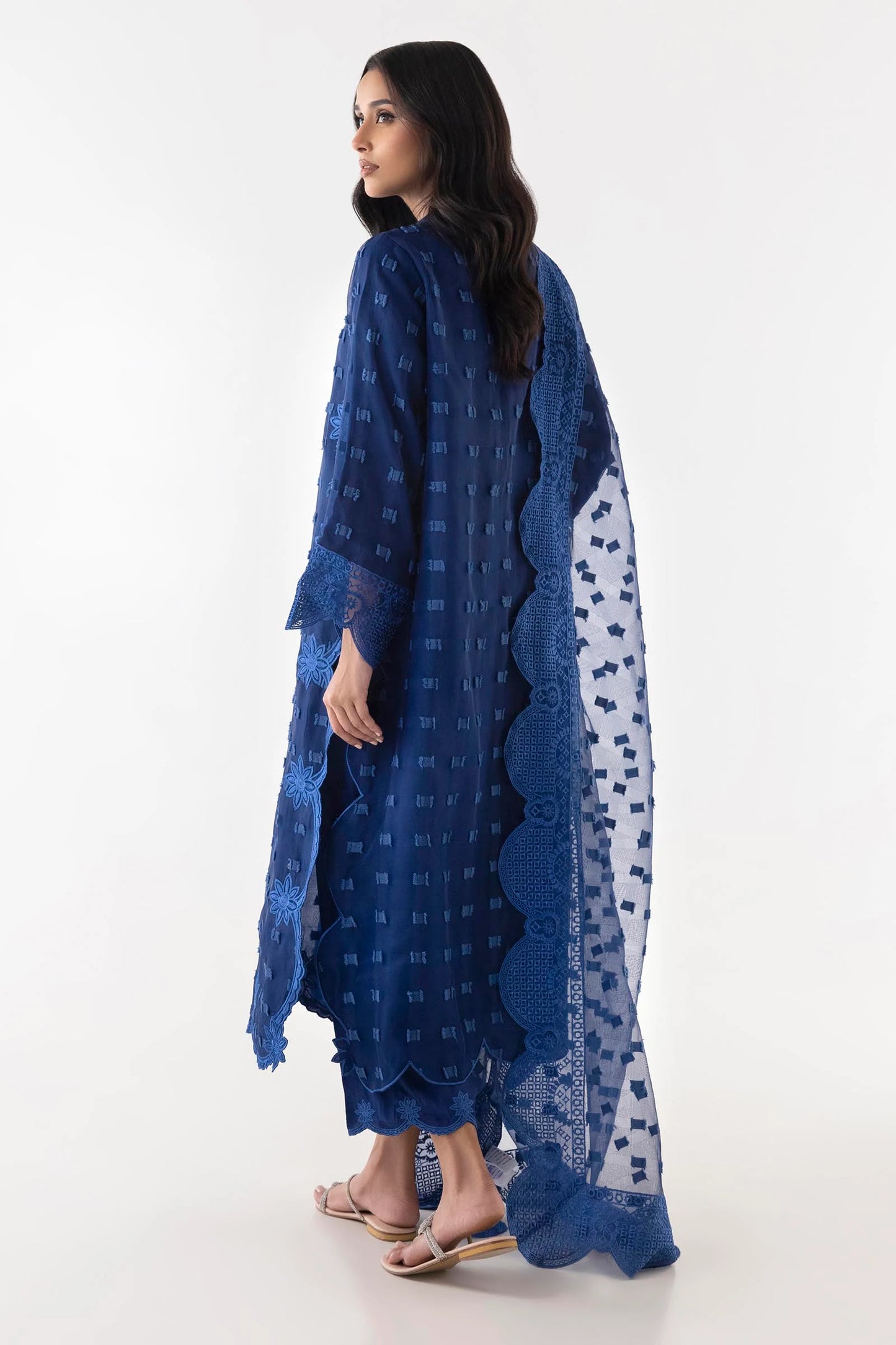 Stitched Blue Embroidered Shirt + Culotte + Dupatta